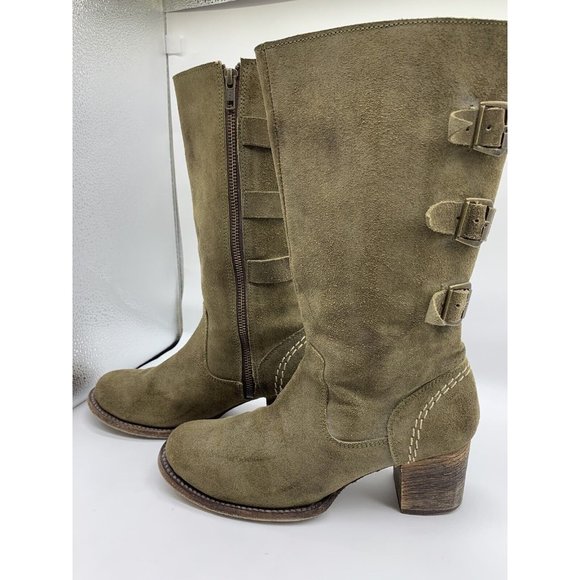 Bed|Stü Shoes - Bed Stu Green Suede Block Heel Buckle Calf Boots Sz 8